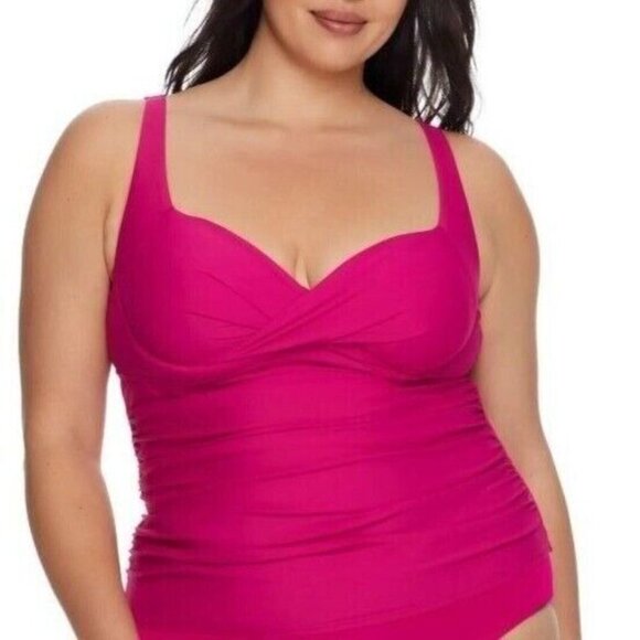 Birdsong Plus Size 20W‎ Hibiscus Shirred Ruched Underwire Tankini Swim Top Pink - Picture 9 of 12